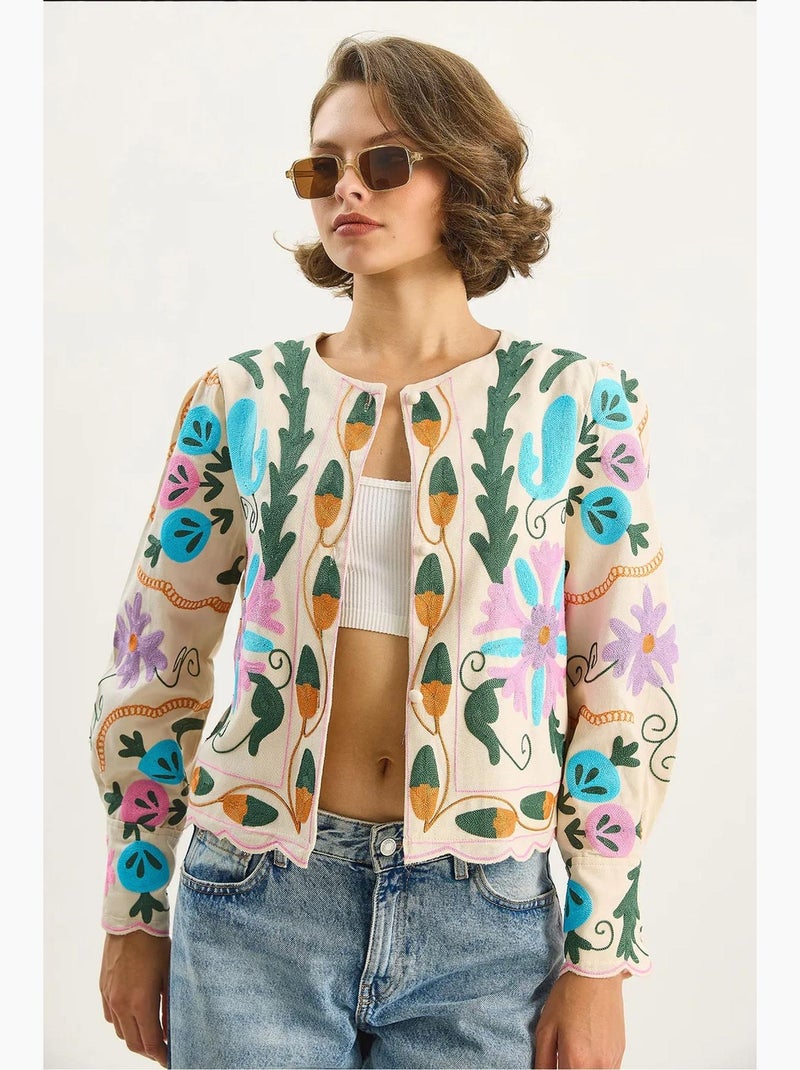 Chaqueta de algodón con estampado floral jacquard de lucci Crema - Kiabi