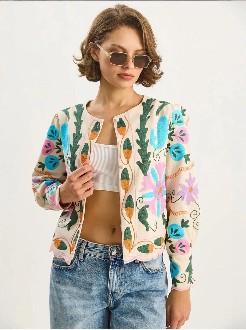 Chaqueta de algodón con estampado floral jacquard de lucci Crema - Kiabi