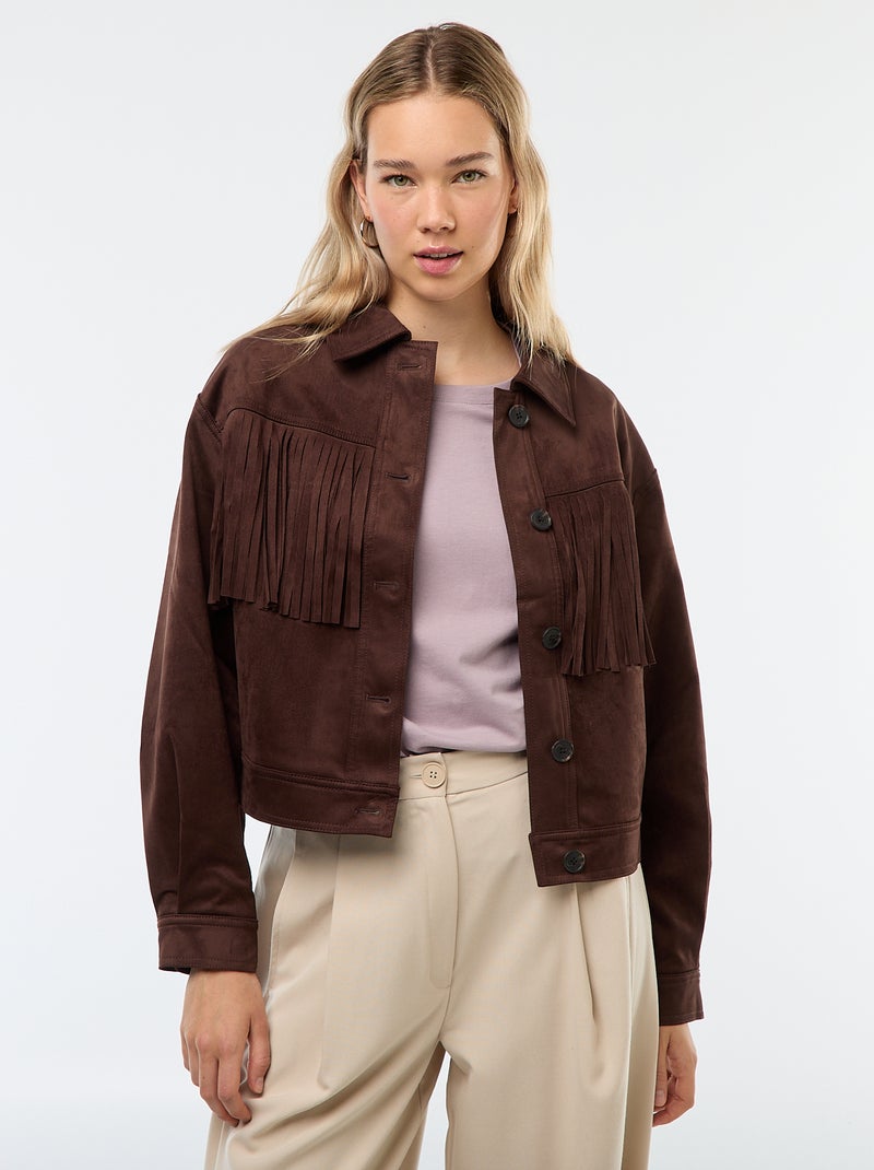 Chaqueta de antelina con flecos corte cropped Marron - Kiabi
