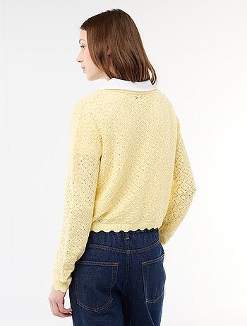 Chaqueta de croché con lazada festoneado