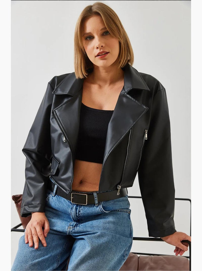 Chaqueta de cuero con detalle de cremallera asimétrica lucci Negro - Kiabi