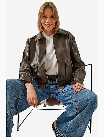 Chaqueta de cuero desgastado con cuello camisero lucci