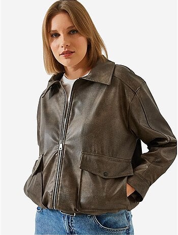Chaqueta de cuero desgastado con cuello camisero lucci