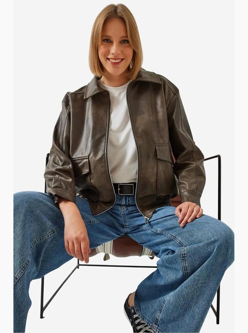 Chaqueta de cuero desgastado con cuello camisero lucci - Kiabi