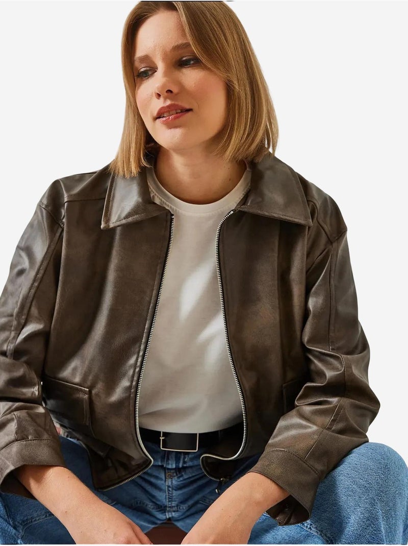 Chaqueta de cuero desgastado con cuello camisero lucci Marrón claro - Kiabi