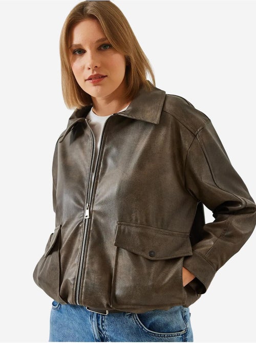 Chaqueta de cuero desgastado con cuello camisero lucci - Kiabi