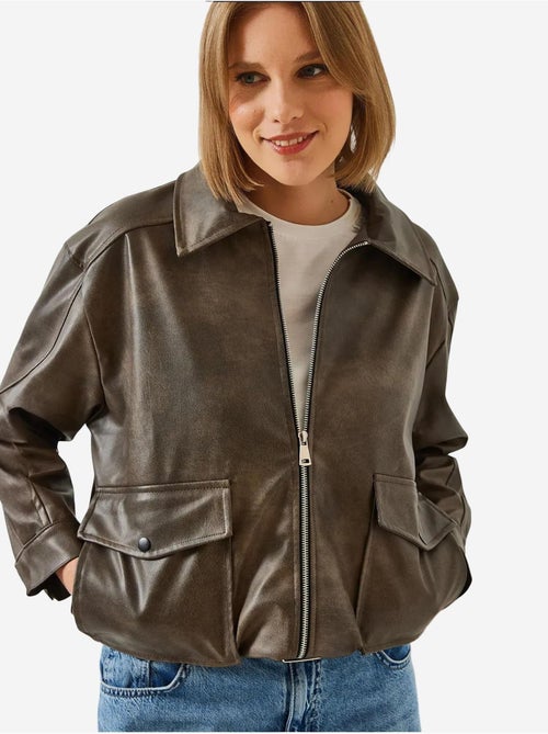 Chaqueta de cuero desgastado con cuello camisero lucci - Kiabi