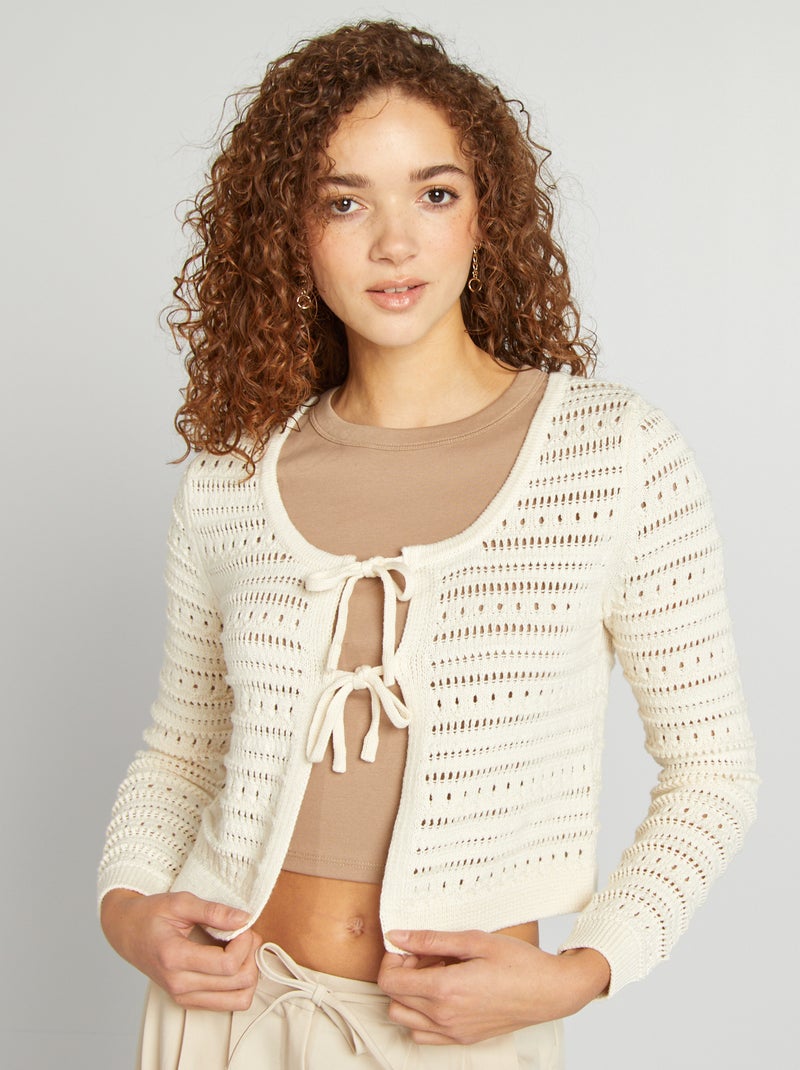 Chaqueta de ganchillo con lazos beige - Kiabi
