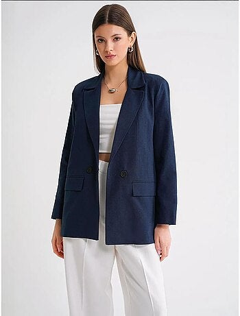 Chaqueta de mezcla de algodón y lino con cierre de botones y cuello camisero mixray