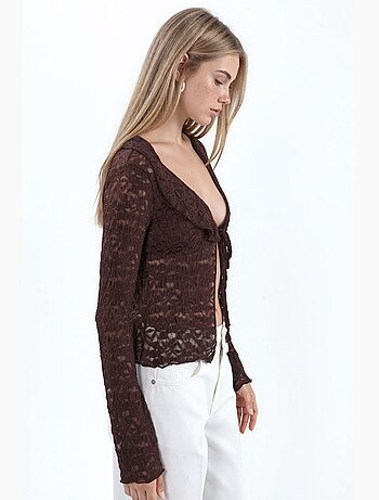 Chaqueta de mujer de encaje tejido con cierre anudado delantero busem