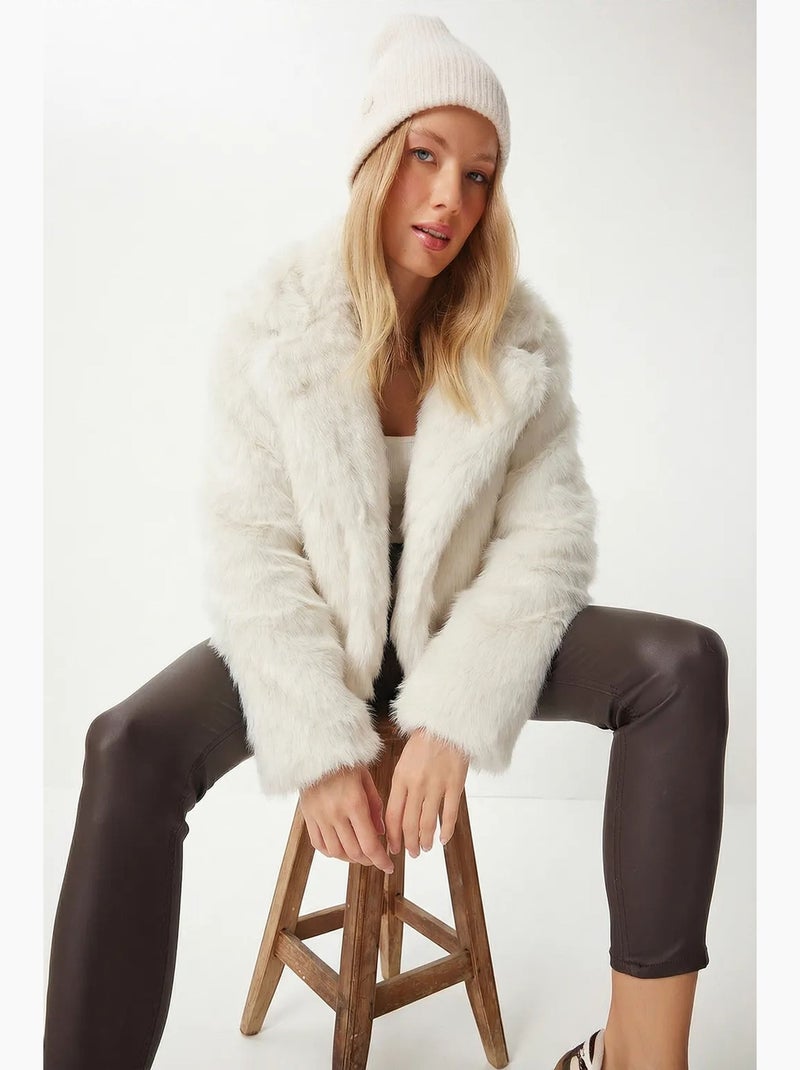Chaqueta de pelo sintético con cuello chal istanbul Marfil - Kiabi