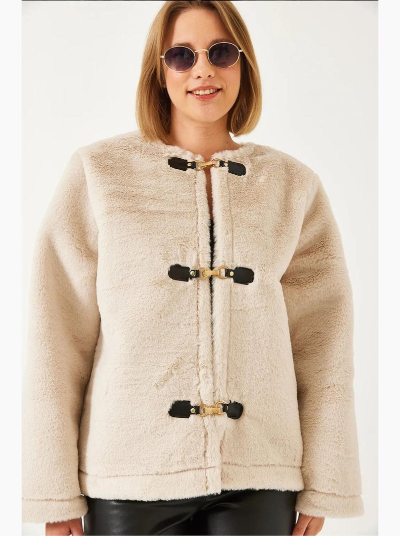 Chaqueta de pelo sintético sin cuello con cierres de alamar lucci Beige arcilla - Kiabi