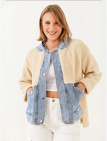 Chaqueta de piel sintética con capucha y detalles vaqueros lucci