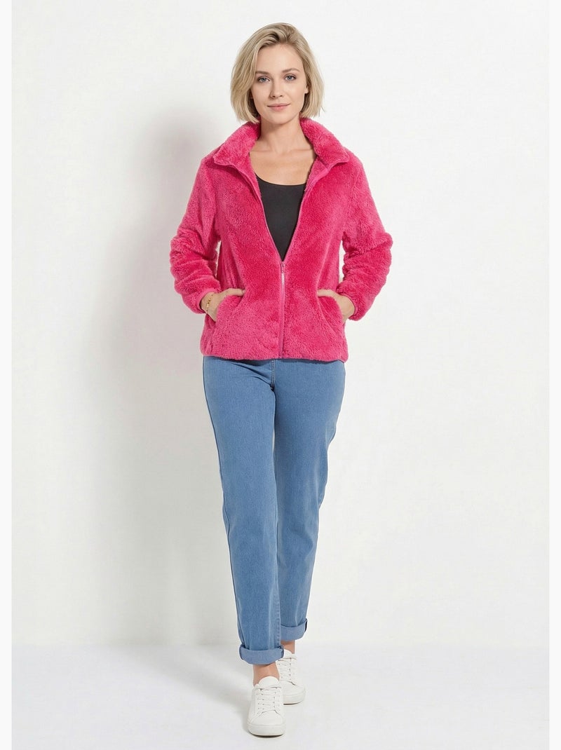 Chaqueta de piel sintética con cuello alto y mangas largas. - Afibel Rosa fucsia - Kiabi