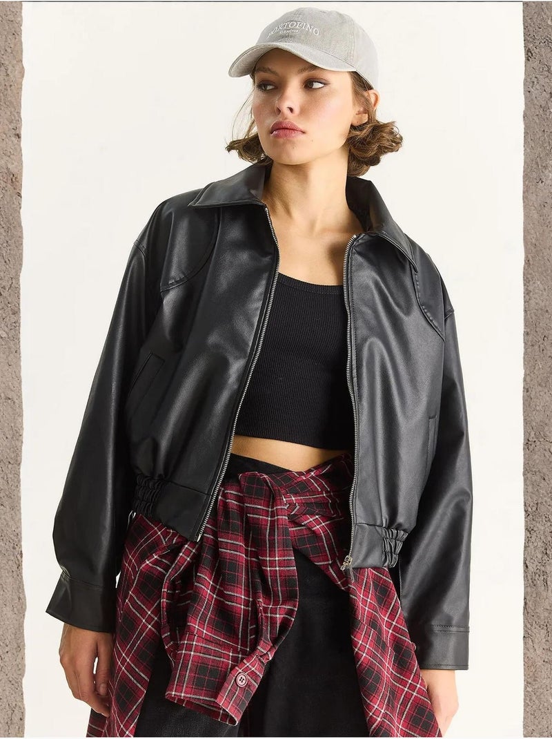 Chaqueta de piel sintética de corte relajado con cremallera y bolsillos lucci Negro - Kiabi