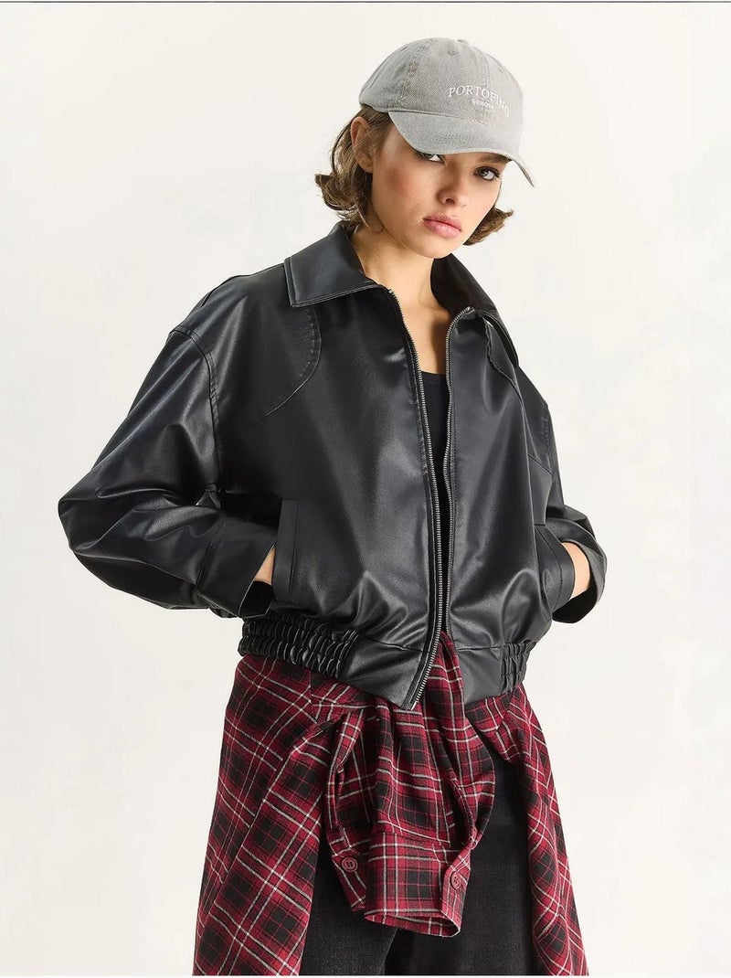 Chaqueta de piel sintética de corte relajado con cremallera y bolsillos lucci Negro - Kiabi