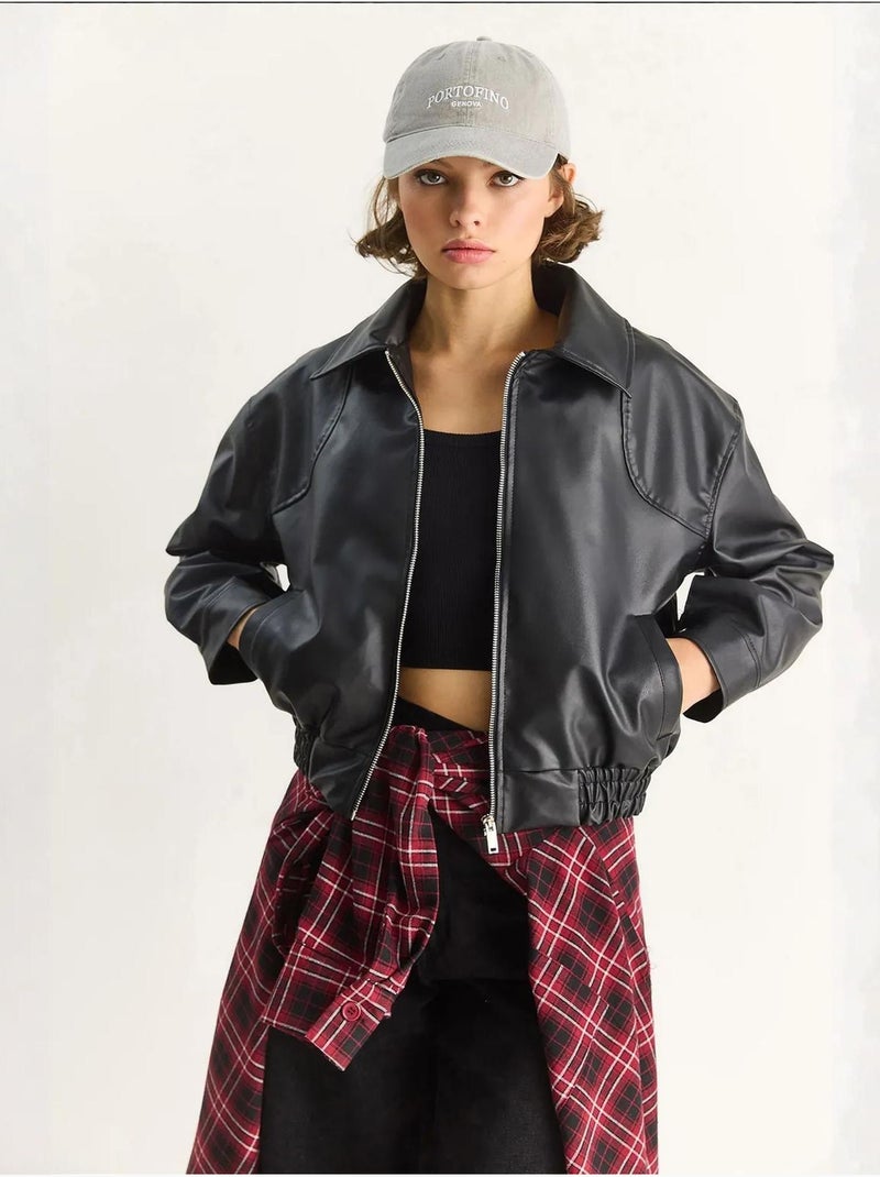 Chaqueta de piel sintética de corte relajado con cremallera y bolsillos lucci Negro - Kiabi