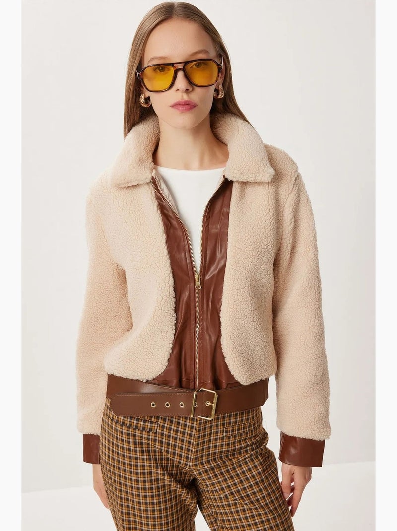 Chaqueta de piel sintética texturizada con cierre de cremallera istanbul Beige arcilla - Kiabi