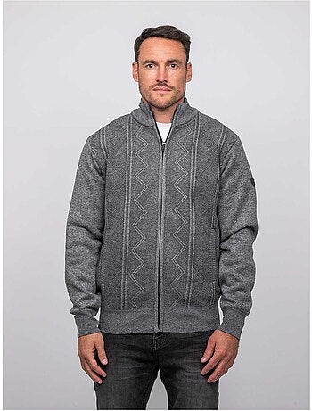 Chaqueta de punto con cremallera, cuello alto y motivo geométrico lideral