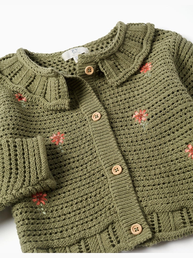 Chaqueta de punto con flores bordadas Verde oscuro - Kiabi