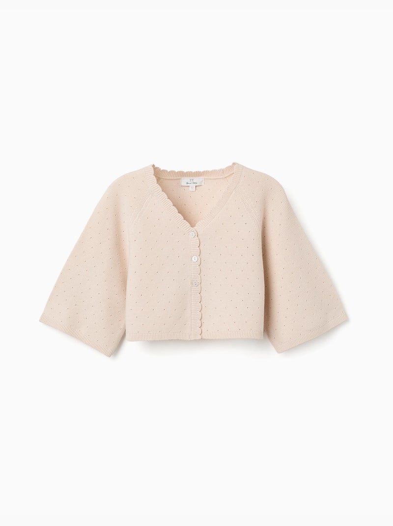 Chaqueta de punto de algodón con detalles festoneados Beige claro - Kiabi