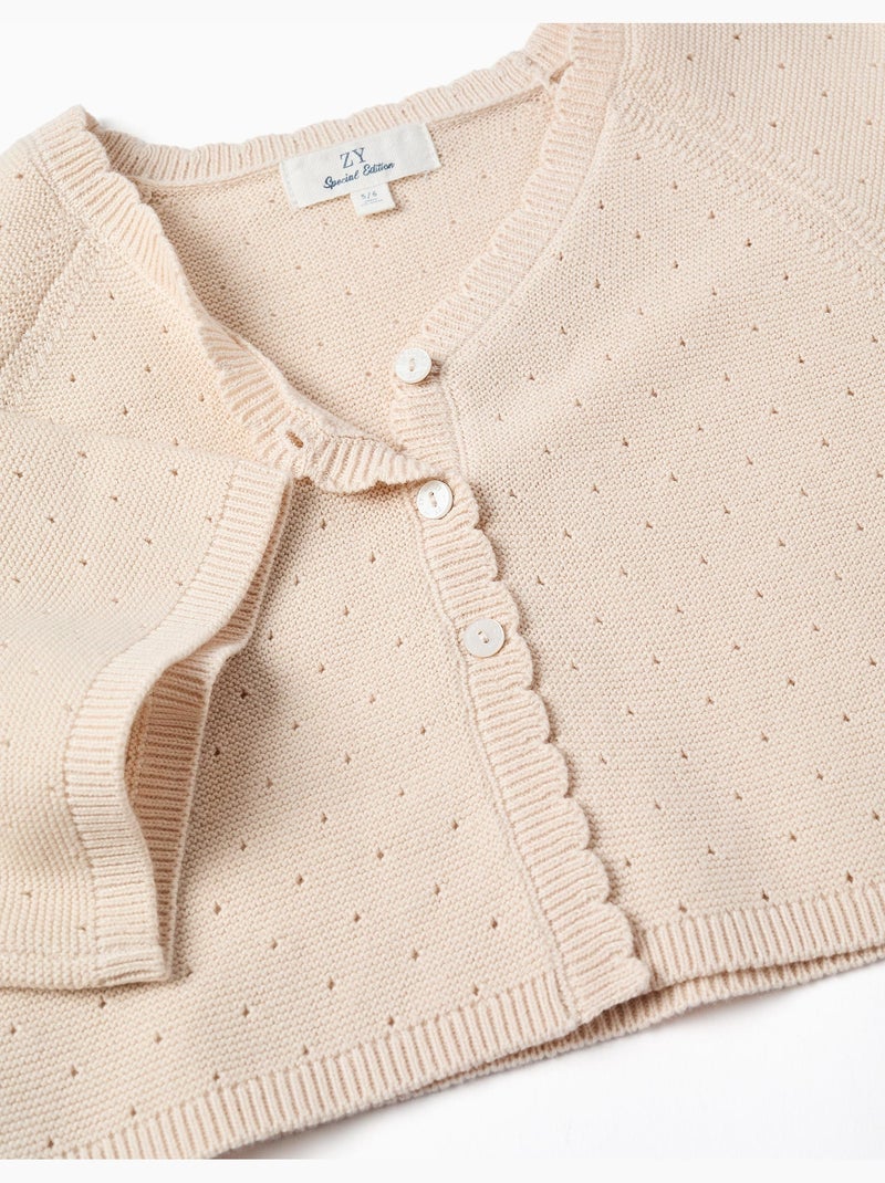 Chaqueta de punto de algodón con detalles festoneados Beige claro - Kiabi