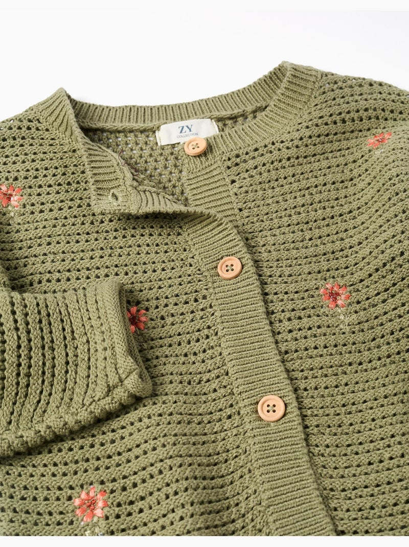 Chaqueta de punto de algodón con flores bordadas Verde oscuro - Kiabi