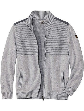 Chaqueta de punto jaspeado de acrílico con cuello alto y cremallera, casual