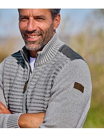 Chaqueta de punto jaspeado de acrílico con cuello alto y cremallera, casual