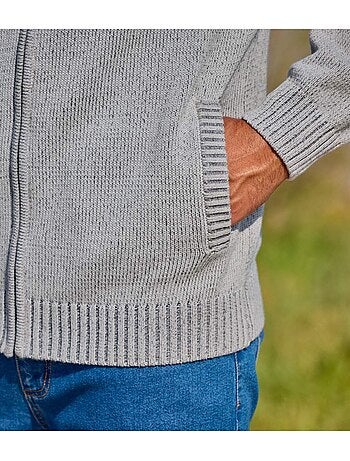 Chaqueta de punto jaspeado de acrílico con cuello alto y cremallera, casual
