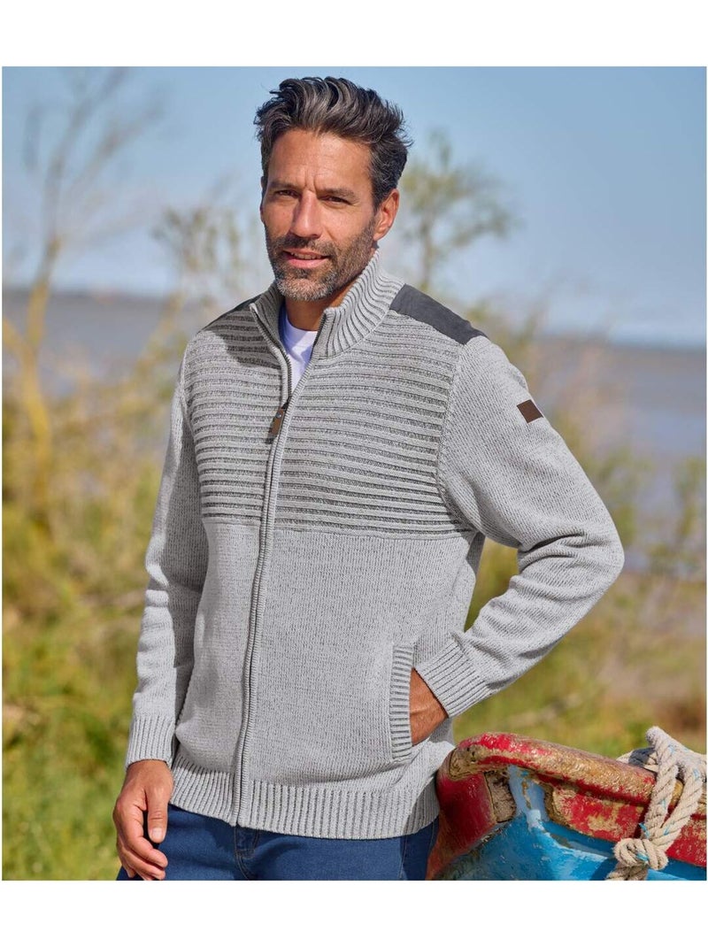 Chaqueta de punto de algodón jaspeado con cremallera y cuello alto Gris - Kiabi