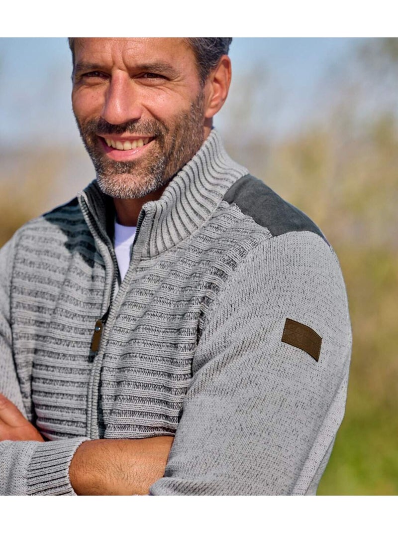 Chaqueta de punto de algodón jaspeado con cremallera y cuello alto Gris - Kiabi