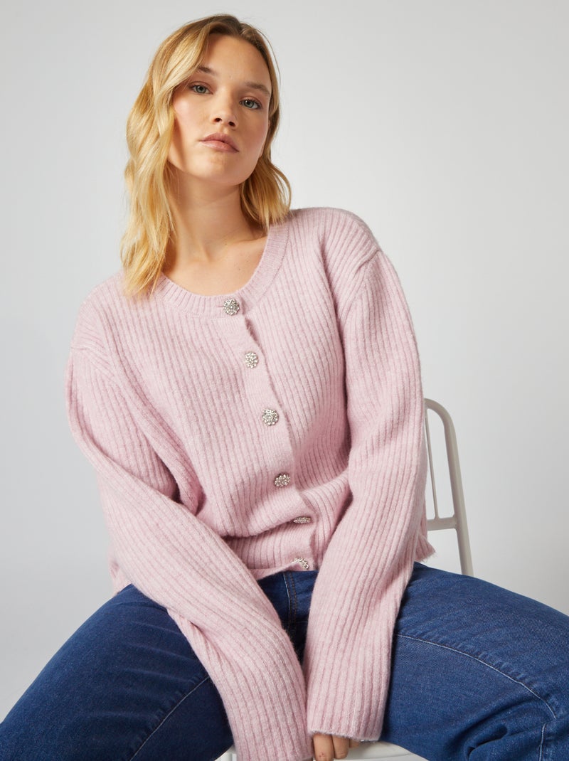 Chaqueta de punto de canalé con botones de pedrería ROSA - Kiabi