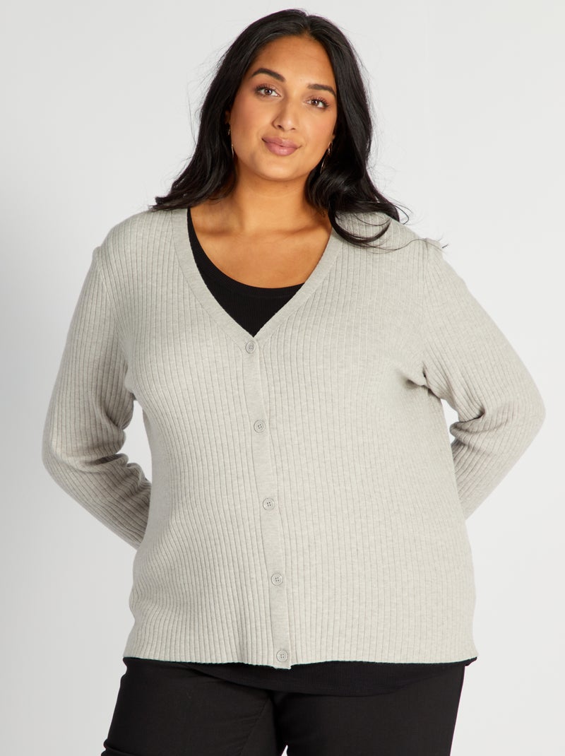 Chaqueta de punto de canalé con cuello de pico GRIS - Kiabi