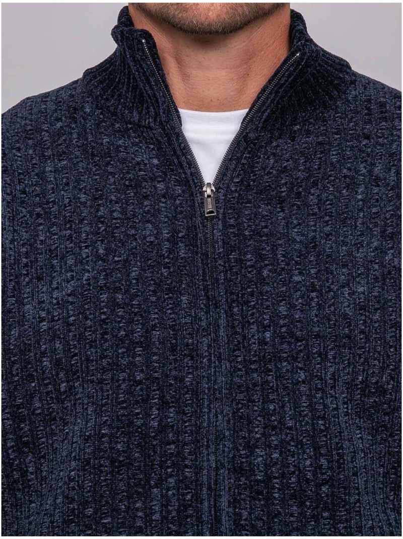 Chaqueta de punto de chenilla con cremallera y cuello alto limago Azul marino - Kiabi
