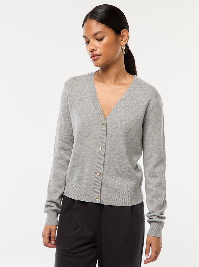 Chaqueta de punto fino con cuello de pico Gris - Kiabi
