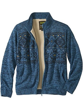 Chaqueta de punto jacquard jaspeado forrada de sherpa con cremallera