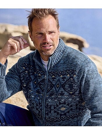 Chaqueta de punto jacquard jaspeado forrada de sherpa con cremallera