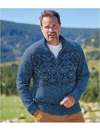 Chaqueta de punto jacquard jaspeado forrada de sherpa con cremallera