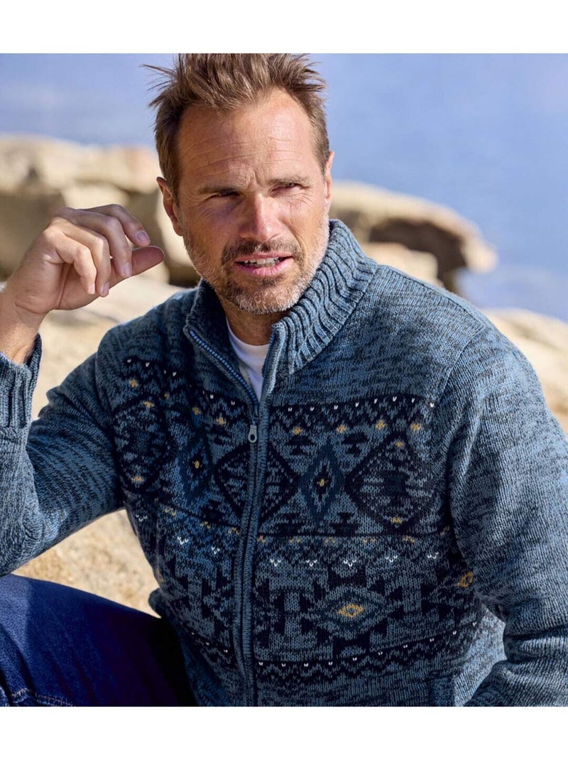 Chaqueta de punto jacquard jaspeado forrada de sherpa con cremallera Azul - Kiabi