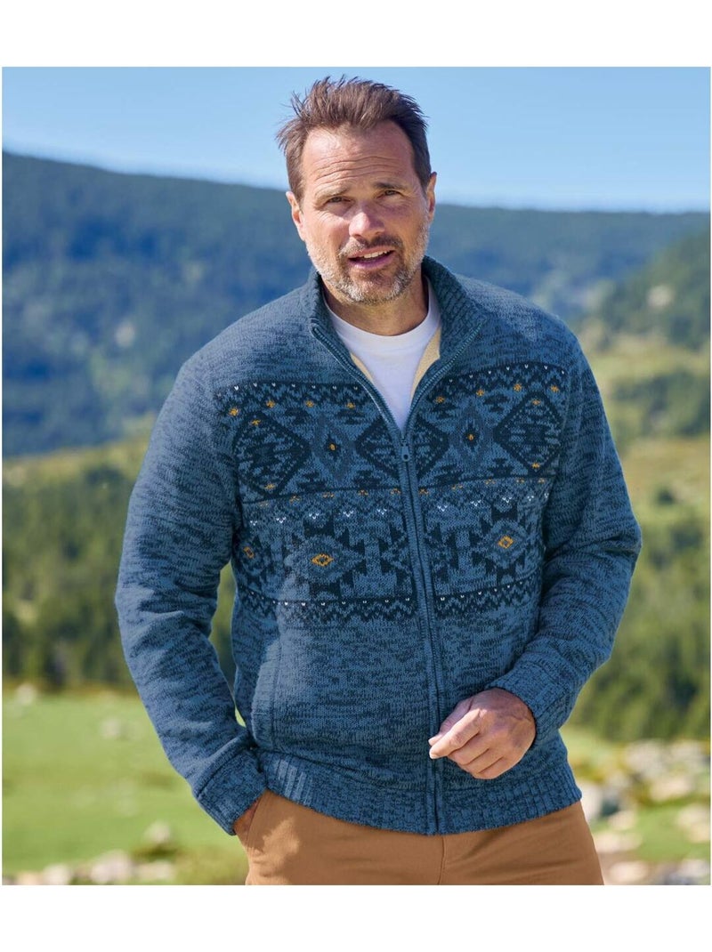 Chaqueta de punto jacquard jaspeado forrada de sherpa con cremallera Azul - Kiabi