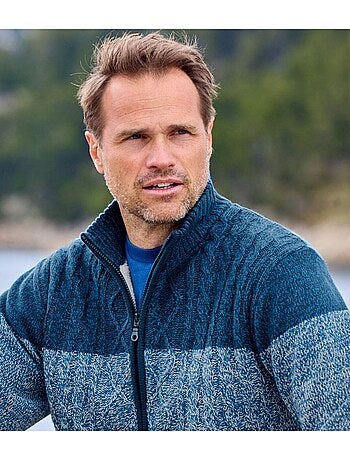 Chaqueta de punto jaspeada con forro sherpa, cuello alto y cremallera mountain