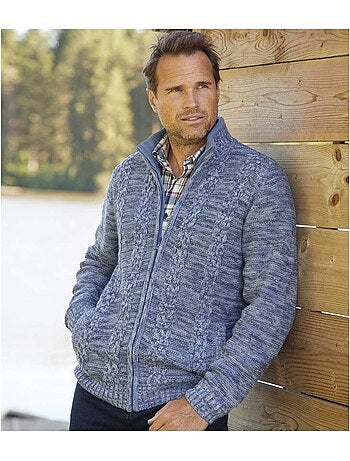 Chaqueta de punto jaspeado de acrílico con cuello alto y cremallera, casual