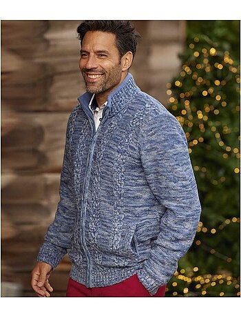Chaqueta de punto jaspeado de acrílico con cuello alto y cremallera, casual