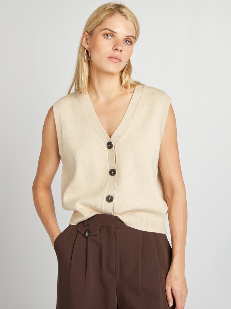 Chaqueta de punto sin mangas con cuello de pico BEIGE - Kiabi