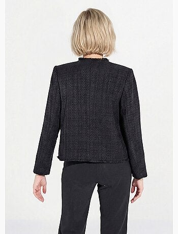 Chaqueta de tweed abotonada con flecos y sin cuello