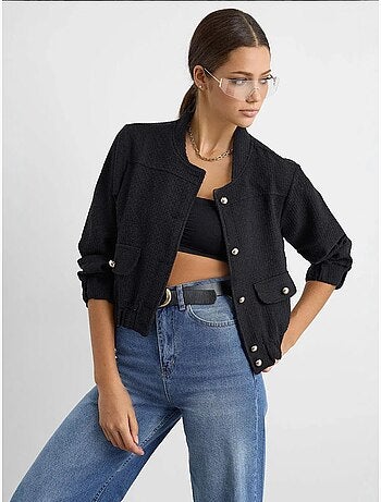 Chaqueta de tweed de cuello redondo con detalle de bolsillo hiccup