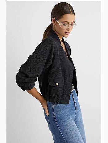 Chaqueta de tweed de cuello redondo con detalle de bolsillo hiccup