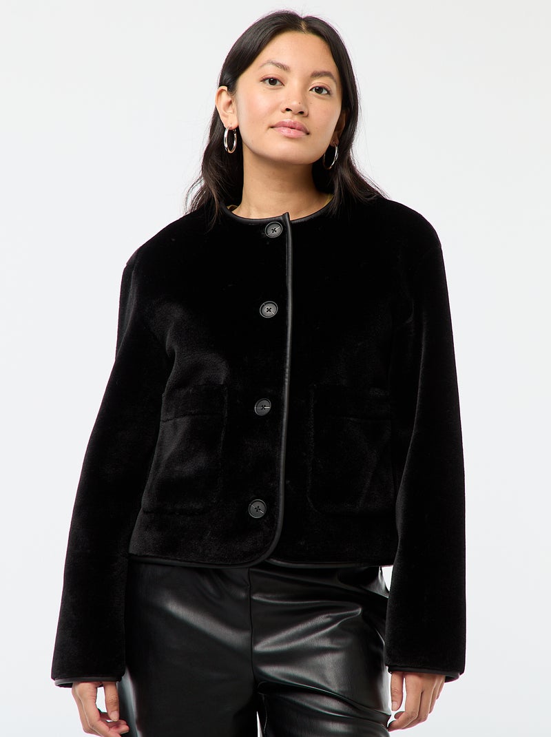 Chaqueta efecto peluche cuello redondo Negro - Kiabi