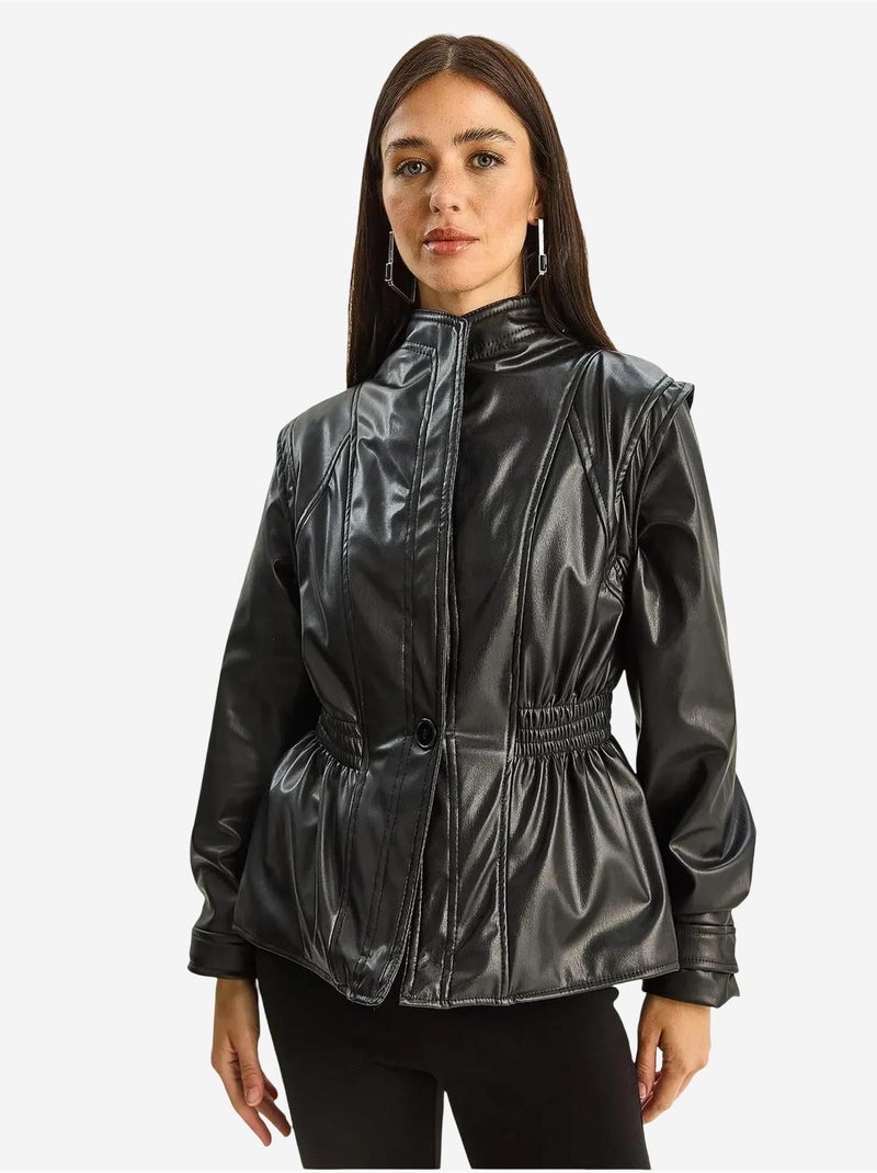 Chaqueta extragrande de piel sintética con cuello con cremallera lucci Negro - Kiabi